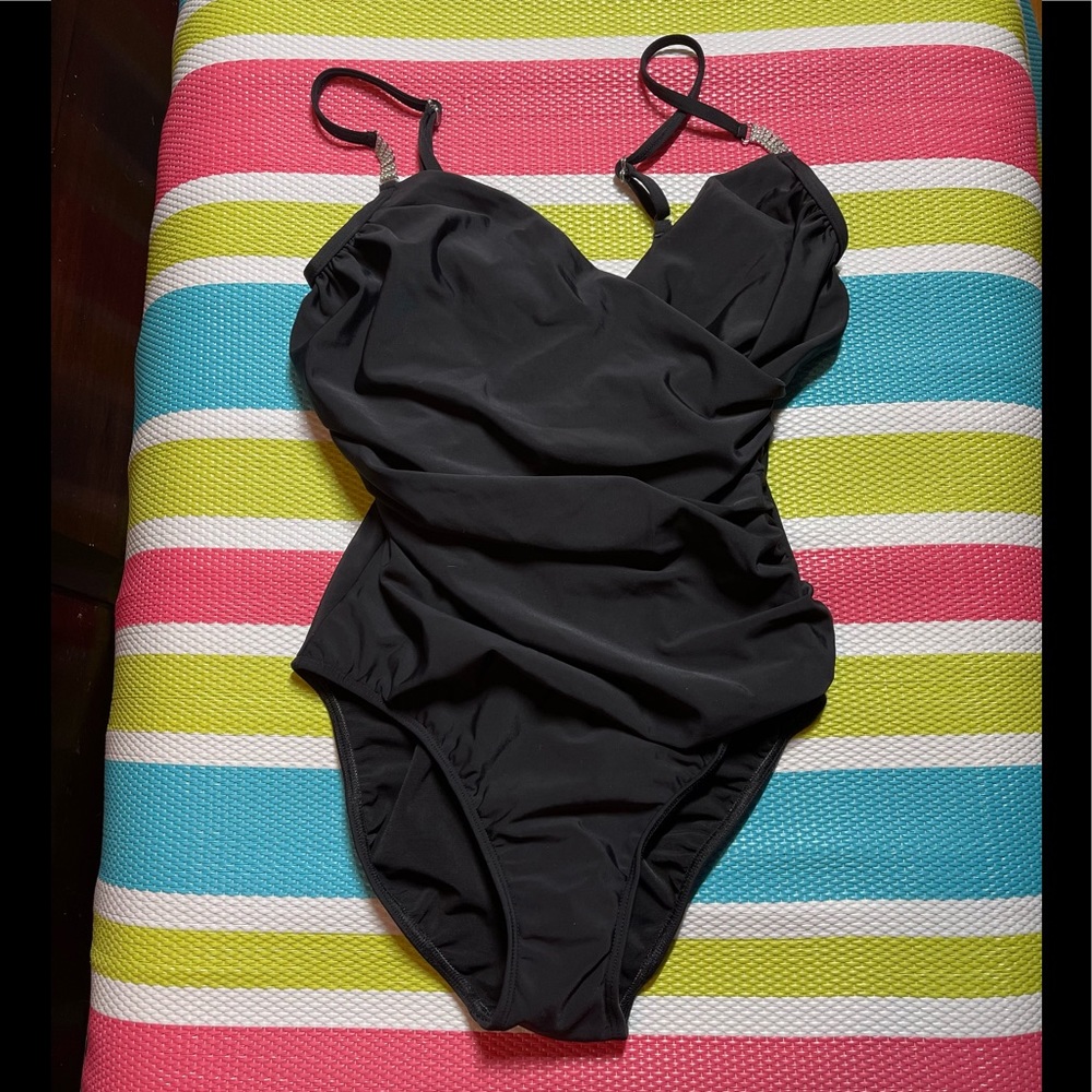 Shape FX  Black Minimizing Swimsuit with Rhinestone Detail 10 FREE SHIP